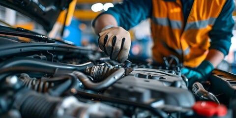 Mechanic inspecting car engine for maintenance and safety ensuring proper functioning for safe driving. Concept Car maintenance tips, Safety inspections, Engine diagnostics, Preventive measures - obrazy, fototapety, plakaty