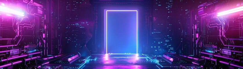 A futuristic purple and blue themed background with an empty rectangle in the center for product display, with neon lights around it, scifi style The door is open and glowing, creating a sense of myst