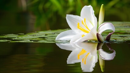 White iris lily flower reflected in water on isolated background