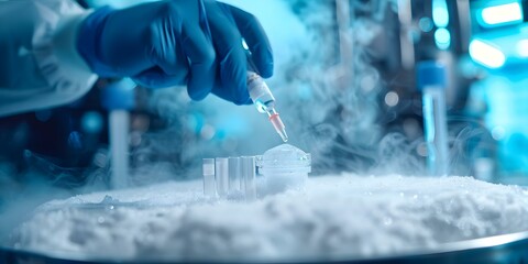 Technician injecting cryopreservation fluid into body to prevent cellular damage by lowering freezing point. Concept Cryopreservation Techniques, Cellular Preservation - obrazy, fototapety, plakaty