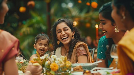 Photograph of a family celebrating the festival, smiling, laughing, full of happiness  - obrazy, fototapety, plakaty