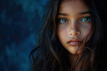 Indian girl raven black eyes Gazing charmingly at the camera Standing in front of a dark blue backdrop It symbolizes innocence and purity.  - obrazy, fototapety, plakaty