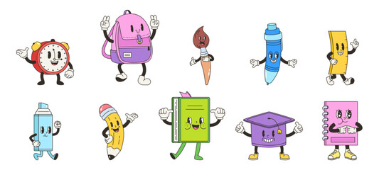 Retro groovy school characters. Emotional funky notebook, pen and book. School bag, marker and brush. Positive stationery snugly vector clipart - 767228895