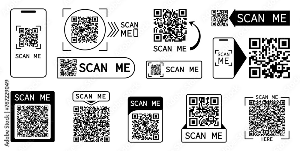 Poster scan me badges. qr codes in frames for scanning of smartphone. code for web money transfer, payment 