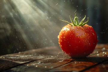 Sunlit Ripe Tomato with Raindrops, Warm Rays on Wooden Surface - obrazy, fototapety, plakaty