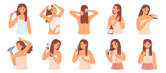 Female hair care. Young woman washing head, using cosmetics and tools. Daily beauty routine. Cartoon girl doing hairstyle, snugly vector concept - 767229042