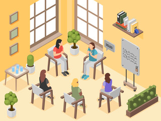Isometric group therapy. Female support, psychology professional help center. Women talking about problems, girl club. Healthcare flawless vector scene - 767229046