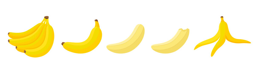 Banana eating step by step process. Bananas, peeled exotic fruit and bitten. Fresh tropical vegan snack. Organic tasty sweet dessert, neoteric vector scene