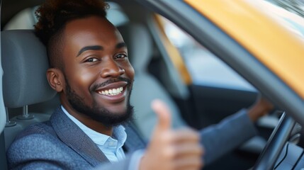 Successful African American Businessman Smiling in Luxury Car - obrazy, fototapety, plakaty