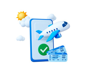 Online ticket 3d concept. Airplane travel, flight render scene. Plane fly from smartphone screen, tickets, clouds and sun. Tourism vector elements
