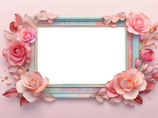 Ethereal rectangular frame with iridescent hues, surrounded by lush pink roses and petals on a soft pastel background