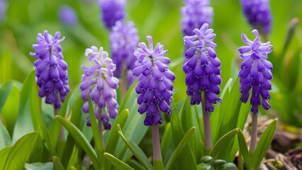 Wild grape hyacinths bloom in amazing springtime nature background
