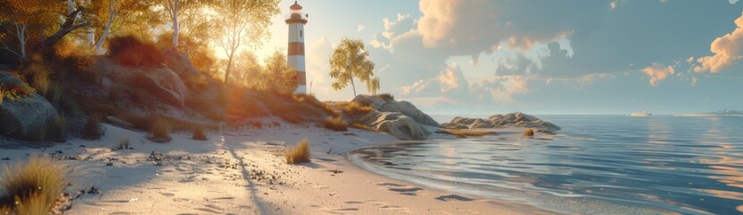 Sandy beach with lighthouse, trees, and sun - obrazy, fototapety, plakaty