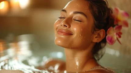 Crédence en verre imprimé Salon de massage Asian Woman Heading to Luxurious Spa for Relaxing Massage