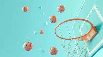 3D rendering of basketballs flying towards the hoop The background is a light blue sky One ball flies out from under an aquamarine backboard - obrazy, fototapety, plakaty