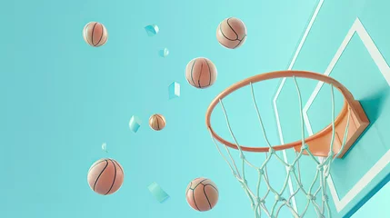 Foto op Plexiglas 3D rendering of basketballs flying towards the hoop The background is a light blue sky One ball flies out from under an aquamarine backboard © Sattawat