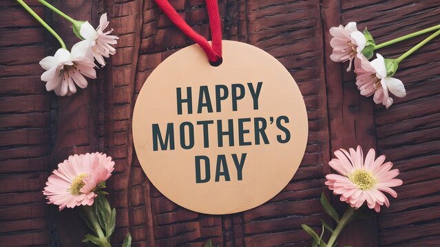 Wood texture background with happy Mothers Day tag, pink flowers