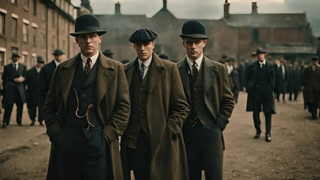 Three men of different ages, an English retro gangster of the 1920s, dressed in a coat, suit and flat cap. 