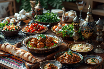 An inviting and warm iftar Ramadan dinner table setting with a variety of delicious and colorful traditional food for a festive celebration