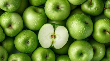 A cluster of green apples with water droplets, one cut in half revealing the seeds. - obrazy, fototapety, plakaty