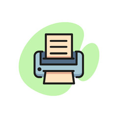Icon of printer with document. Paper, print, copy. Office equipment concept. Can be used for topics like modern technology, hardcopy, printing industry. - obrazy, fototapety, plakaty