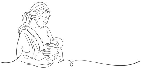 mother and child, line art drawing of woman is breastfeeding a child drawn picture silhouette. Line art. character mother feeds a newborn baby. Mothers day illustration