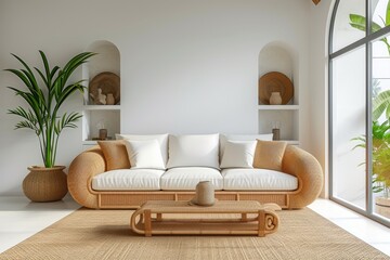 Modern Living Room: Rattan Furniture Sofa against White Wall