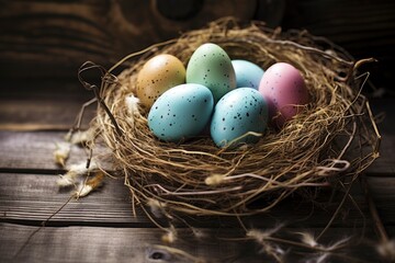 Naklejka na ściany i meble Easter eggs in nest on rustic wooden planks - generative ai