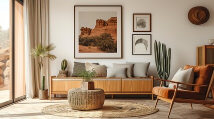 Modern Home Interior: Picture Frame, Warm Tone Furniture, Bohemian Wall Art