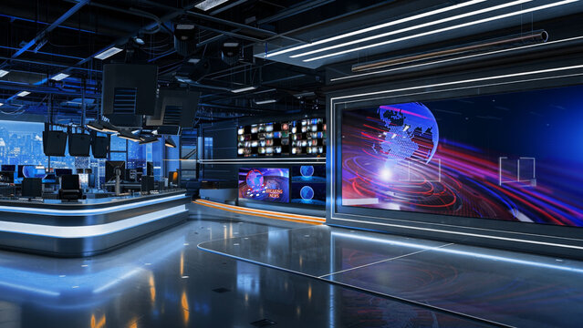 3D Virtual TV Studio News, Backdrop For TV Shows .TV On Wall.3D Virtual News Studio Background,3d illustration