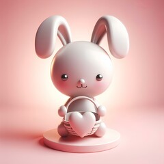 charming bunny playful design, two shiny dots for eyes   arch for a smile holding an empty basket  heart-shaped base  soft pink backdrop