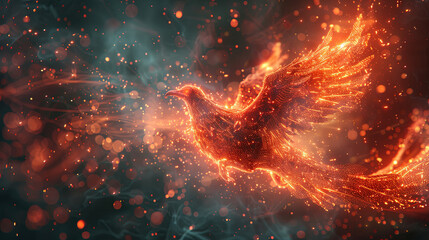 A luminous phoenix soars in the night, its flames casting a warm glow against the dark sky - obrazy, fototapety, plakaty