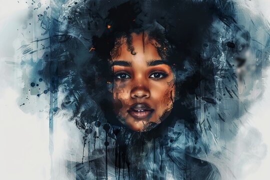 Black woman portrait in watercolor painting style, digital art illustration.