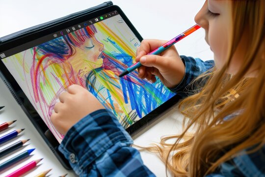 Girl drawing on a digital tablet Depicting digital technology that unleashes creativity, isolated on white background. 