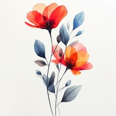 Minimalist Floral Drawings: Watercolor, Abstract Lithography on White