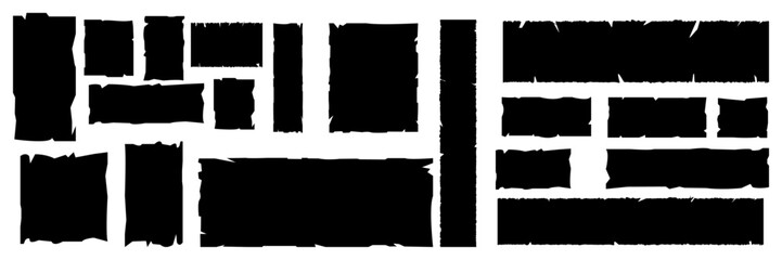 Grunge jagged rectangle shape set. Black torn paper sheet for sticker, collage, banner. Vector illustration isolated on transparent background. - obrazy, fototapety, plakaty
