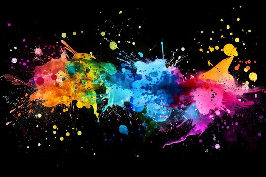 Colorful abstract watercolor paint splashes, neon fluorescent colors on black background