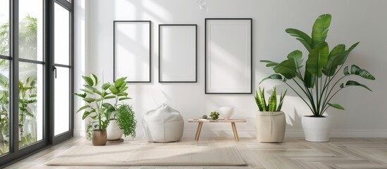 Minimalist frame mockup poster template placed on the floor with plant decor. Frame mockup comes in 50x70, 20x28, and 20RP sizes. Minimalist home decor concept. - obrazy, fototapety, plakaty