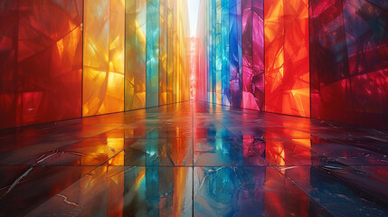 A vibrant rainbow wall decorates a hallway, presenting a spectrum of colors in a progressive, seamless flow