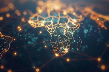 Digital world map focusing on Africa and Asia, global network connectivity concept