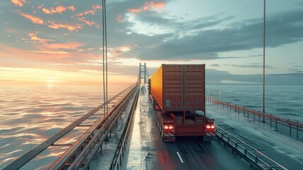 large tow truck Container transport Crossing the bridge over the sea  - obrazy, fototapety, plakaty