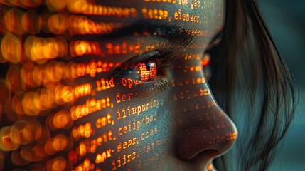 A woman's face overlaid with digital code, mysterious text appears prominently