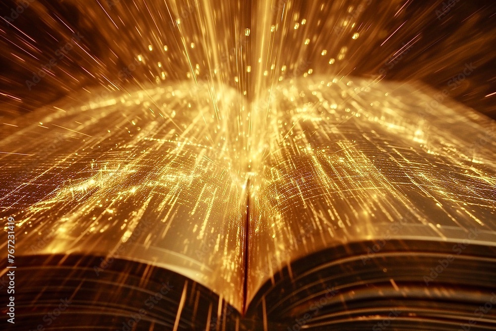 Poster magic book with light rays and sparkles, computer generated abstract background