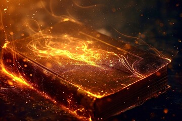 Magic book with fire rays on dark background. Fantasy and witchcraft concept.