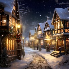 Winter night in the village. Christmas and New Year. 3D illustration