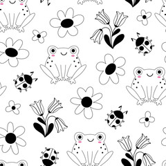 Floral seamless pattern of frogs