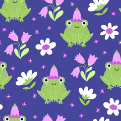 Frogs with bells seamless pattern - obrazy, fototapety, plakaty