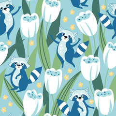 Seamless pattern with adorable raccoons