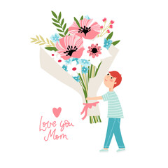 Boy holding bouquet vector illustration - 767231466