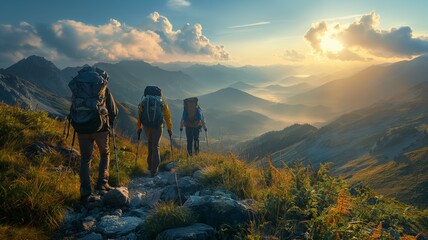 Obraz premium Hikers ascending mountain trail at sunrise